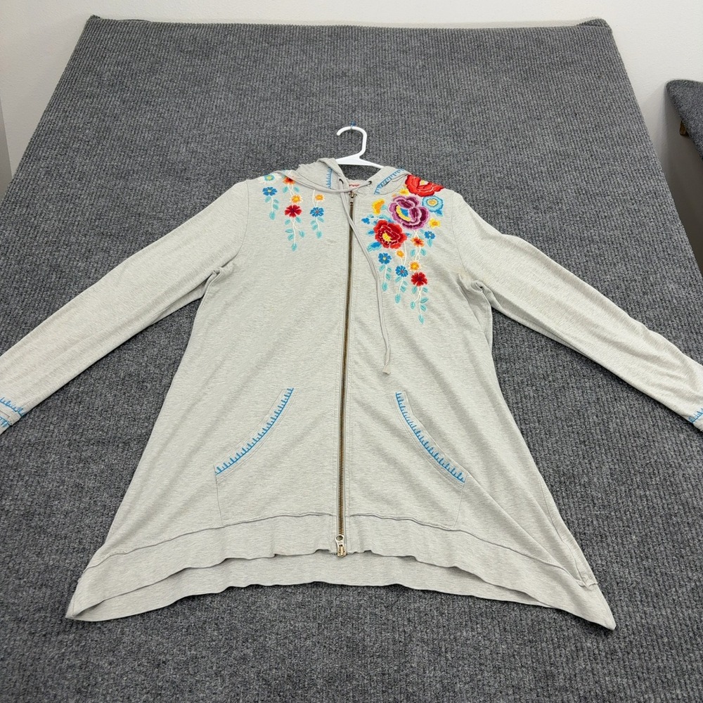 JW Los Angeles Hoodie Womens M Gray Cotton Spandex Floral Embroidered Boho